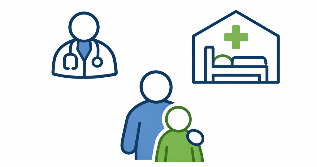 Verschiedene Piktogramme: ein Krankenhaus, medizinisches Fachpersonal, ein Elternteil mit Kind, Hände, die ein grünes Herz halten